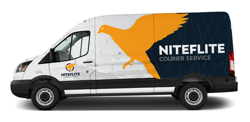 Niteflite courier van with navy and amber carrier-pigeon livery